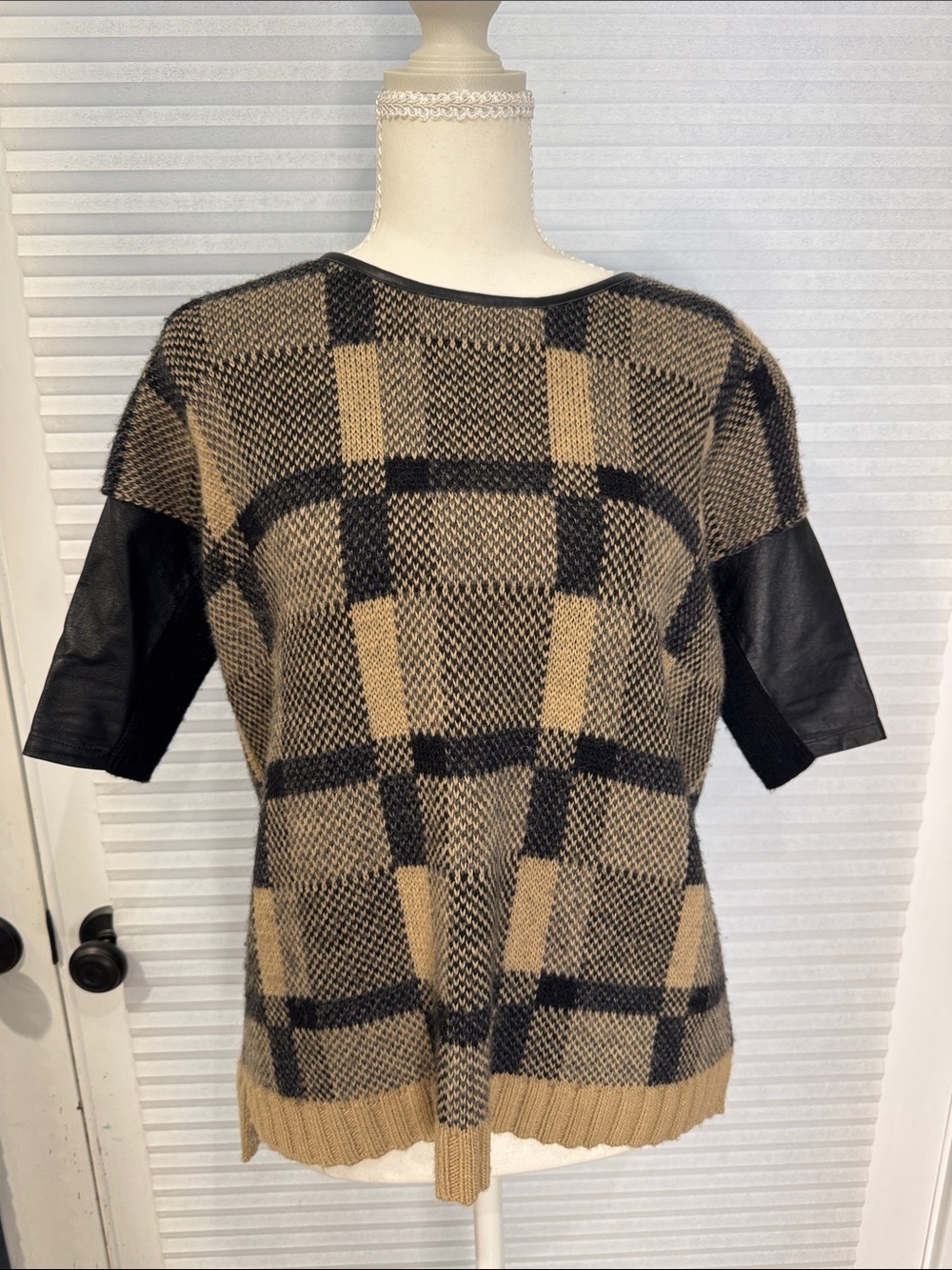 Club Monaco Camel and Black Knit Top with Leather Trim CB0916